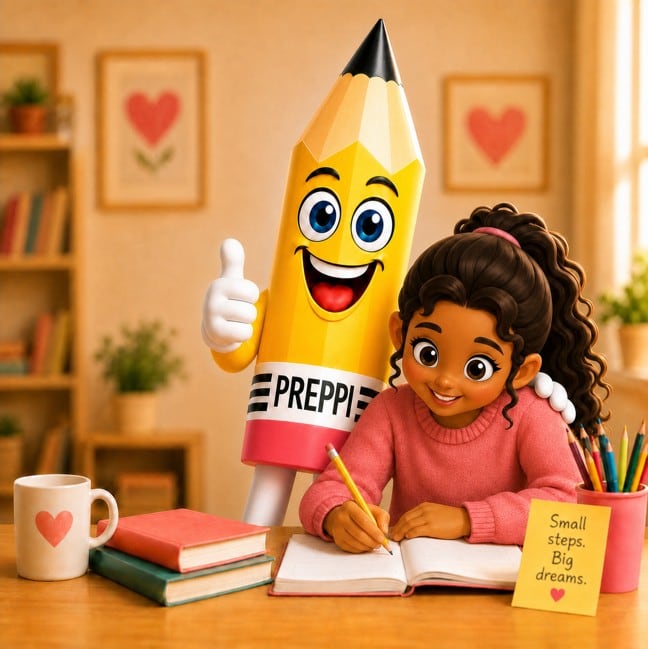 Preppi the pencil mascot encouraging a girl writing at her desk