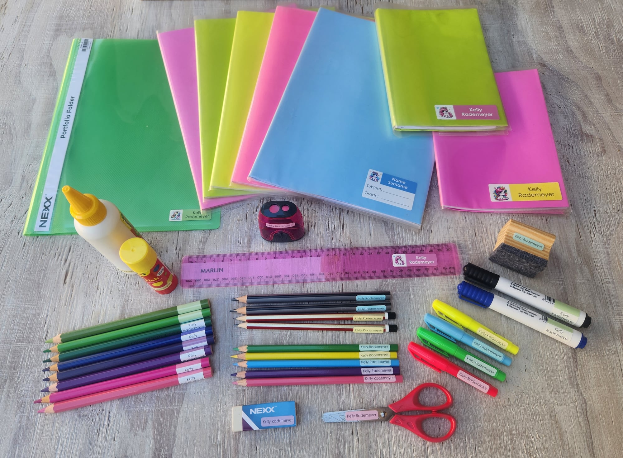 Covered and labelled stationery unpacked and ready for school