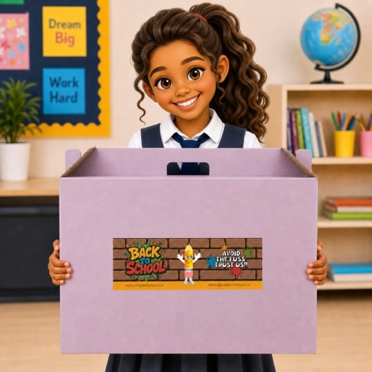 Smiling schoolgirl holding a Prepped 4 Prep Back to School box
