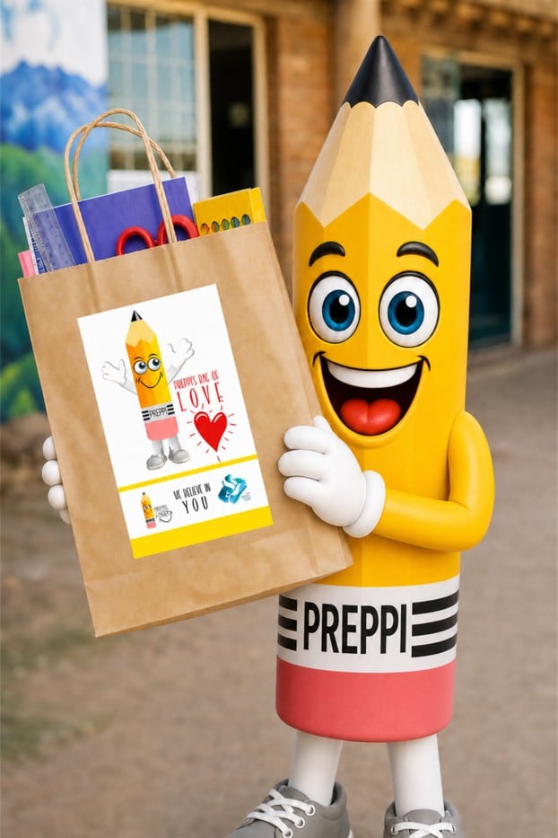 Preppi holding a Bag of Love filled with stationery