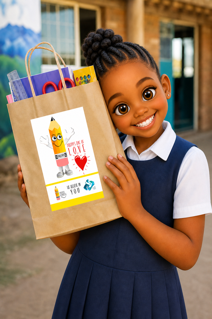 A learner holding her Preppi's Bag of Love stationery bag