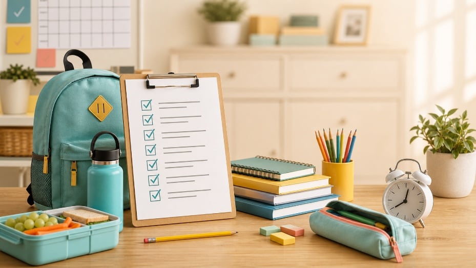 A school backpack, lunchbox and stationery arranged beside a checklist