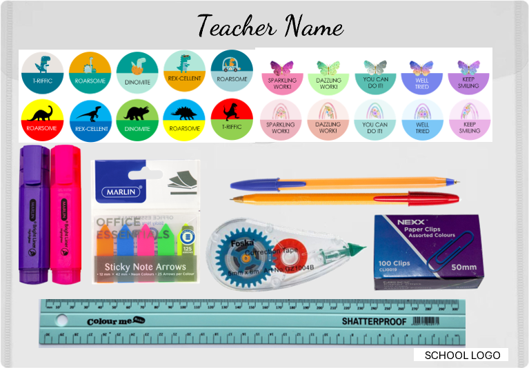 A personalised Teacher Marking Kit with stationery and reward stickers