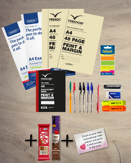 Contents of the standard Study Pack with stationery and treats