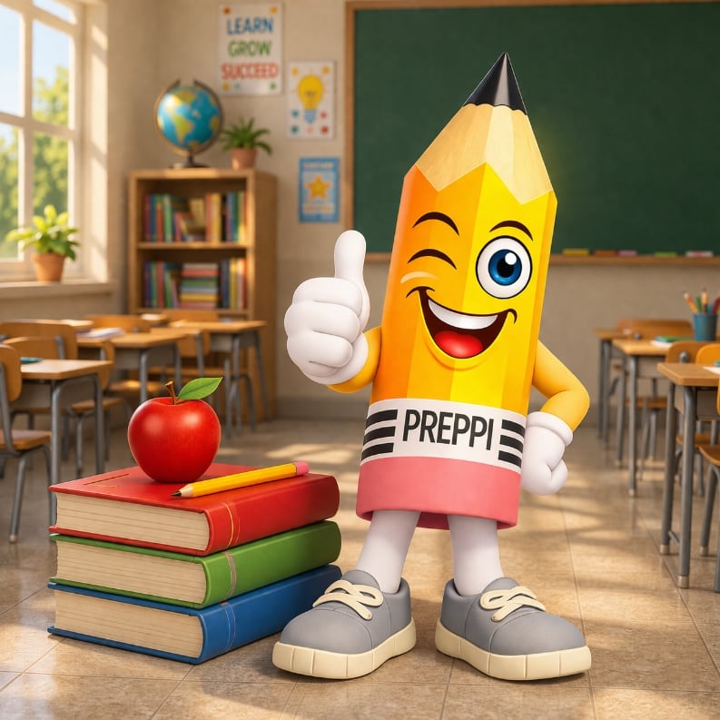 Preppi giving a thumbs up beside a stack of books in a classroom