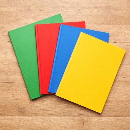 Exercise books covered in assorted bright colours