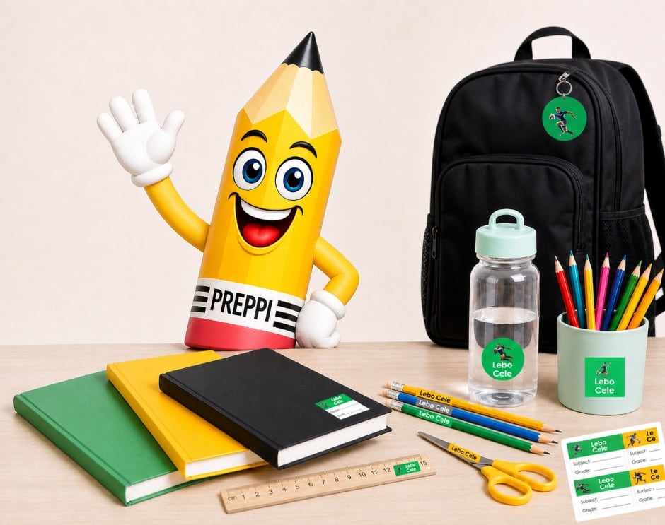 Preppi with personalised stationery, books, a backpack and a water bottle