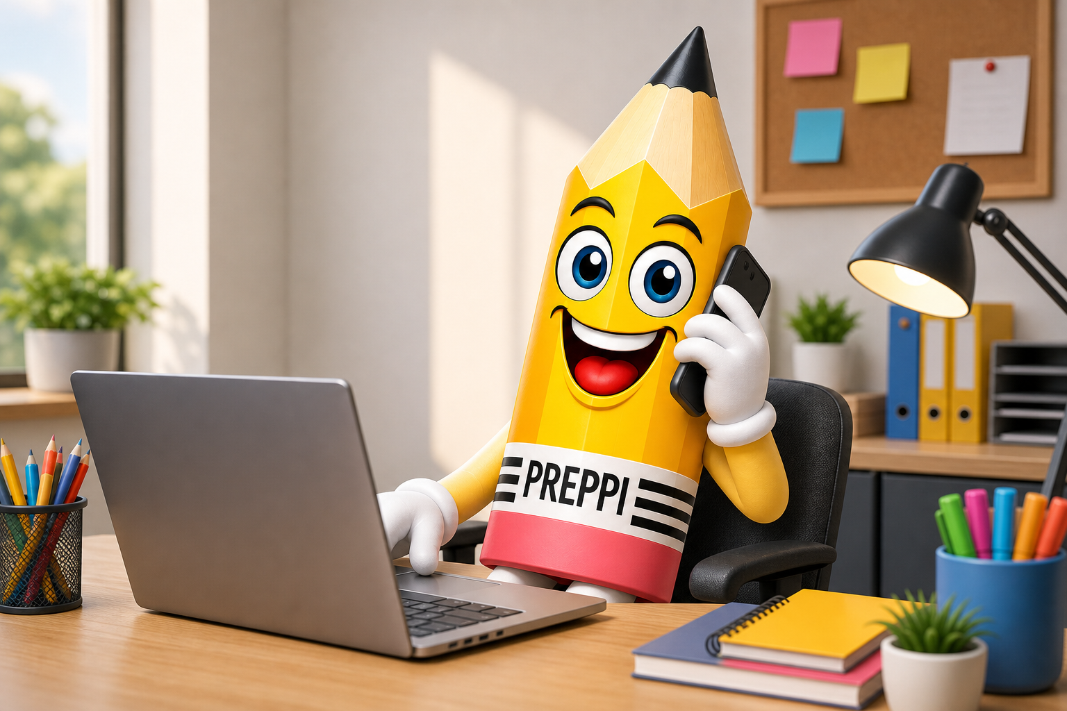 Preppi the pencil mascot working at a laptop and answering the phone