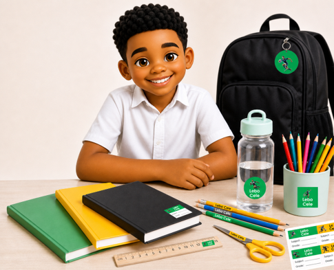 Smiling schoolboy with personalised Prepped 4 Prep labels, stationery, water bottle and backpack