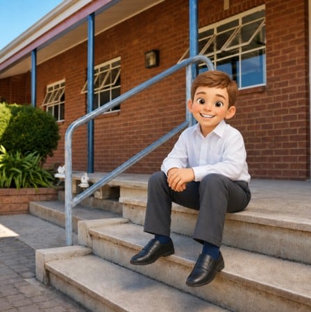 A smiling schoolboy sitting on the school steps
