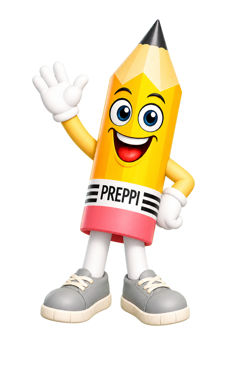 Preppi the pencil mascot waving hello