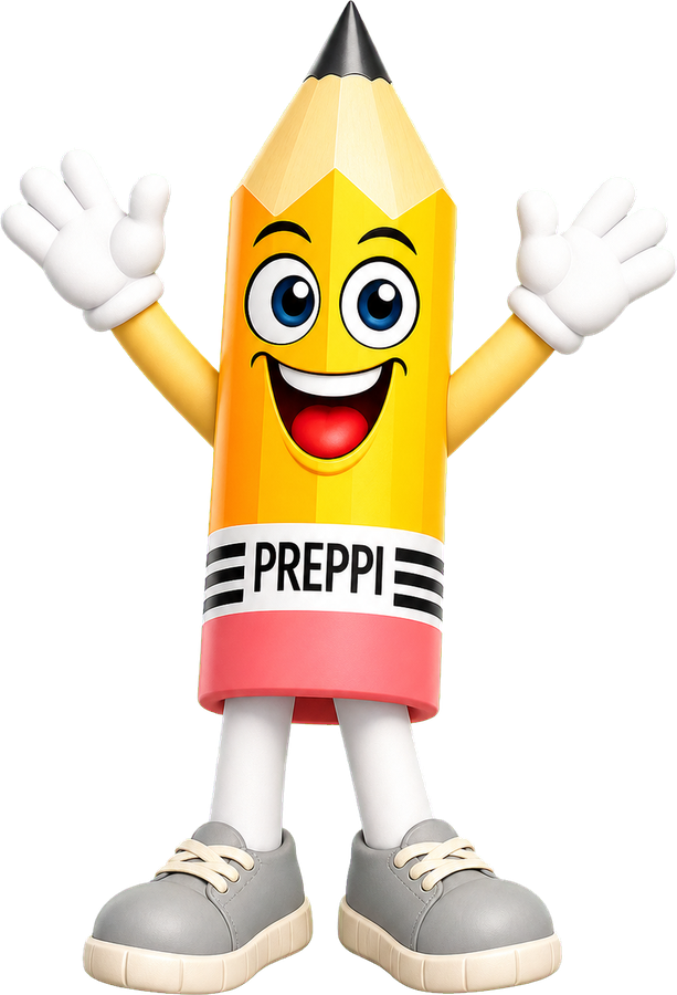 Preppi the pencil mascot cheering with both hands up